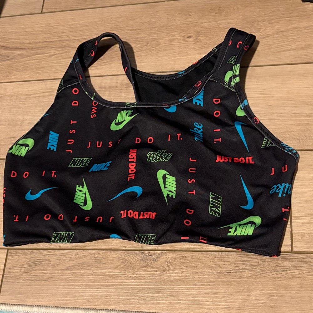 Nike Women's Black Sports Bra with Green and Red Accents